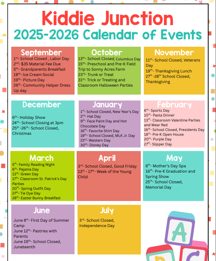 Kiddie Junction Calendar at a Glance